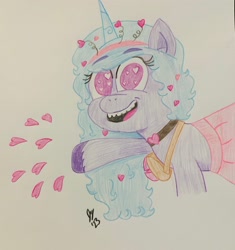 Size: 2888x3067 | Tagged: safe, izzy moonbow, pony, unicorn, g5, my little pony: tell your tale, secret ad-mare-er, spoiler:g5, spoiler:my little pony: tell your tale, spoiler:tyts01e44, colored, colored pencil drawing, drawing, female, heart, heart eyes, hearts and hooves day, high res, looking at you, mare, open mouth, open smile, smiling, smiling at you, solo, traditional art, wingding eyes