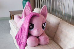 Size: 5184x3456 | Tagged: safe, artist:azgchip, pinkie pie, earth pony, pony, g4, couch, female, heart, heart eyes, irl, life size, looking at you, lying down, mare, photo, pinkamena diane pie, plushie, prone, solo, sploot, wingding eyes