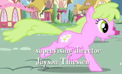 Size: 671x408 | Tagged: safe, screencap, berry punch, berryshine, daisy, flower wishes, earth pony, pony, applebuck season, g4, season 1, alternate hairstyle, background pony, credits, cropped, frown, galloping, house, jayson thiessen, open mouth, panicking, ponyville, running, solo focus, text, wrong eye color