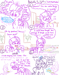 Size: 4779x6013 | Tagged: safe, artist:adorkabletwilightandfriends, spike, starlight glimmer, twilight sparkle, alicorn, dragon, pony, unicorn, comic:adorkable twilight and friends, g4, adorkable, adorkable twilight, baking, baking sheet, comic, concerned, cookie, cookie dough, cute, dork, eating, female, food, glowing, glowing horn, happy, horn, kitchen, levitation, magic, magic aura, male, mare, mug, nom, packaging, refrigerator, relatable, sick, slice of life, sneaky, stomach ache, stomach noise, stove, table, telekinesis, twilight sparkle (alicorn)