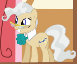 Size: 513x425 | Tagged: safe, screencap, mayor mare, earth pony, pony, applebuck season, g4, season 1, animation error, collar, cropped, female, glasses, grin, jabot, mare, smiling, solo, standing