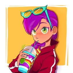 Size: 1080x1080 | Tagged: safe, artist:astrid545269, sunny starscout, human, equestria girls, g4, g5, blushing, bust, clothes, cute, drink, drinking, ear piercing, earring, equestria girls (g5), eyebrows, eyebrows visible through hair, female, freckles, glasses, jewelry, piercing, solo, straw, sunnybetes, sweater