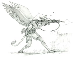 Size: 1500x1169 | Tagged: safe, artist:baron engel, gilda, griffon, anthro, digitigrade anthro, g4, amputee, assault rifle, black and white, fallout, fallout 4, female, flower, grayscale, gun, monochrome, patreon, patreon reward, pencil drawing, prosthetic arm, prosthetic limb, prosthetics, rifle, shooting, simple background, solo, spread wings, story included, traditional art, weapon, white background, wings