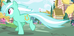 Size: 957x471 | Tagged: safe, screencap, lyra heartstrings, pony, unicorn, applebuck season, g4, season 1, animation error, background pony, cloud, cropped, female, frown, galloping, mare, open mouth, panicking, ponyville, running, screaming, sky, solo