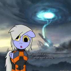 Size: 750x750 | Tagged: safe, artist:2048terrabit, derpy hooves, pegasus, pony, g4, clothes, crossover, gordon freeman, half-life, half-life 2, hev suit, i just don't know what went wrong