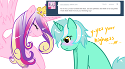 Size: 1080x600 | Tagged: safe, artist:azure-doodle, lyra heartstrings, princess cadance, pony, g4, blushing, duo, sexually confused lyra, simple background, white background