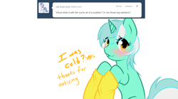 Size: 1080x600 | Tagged: safe, artist:azure-doodle, lyra heartstrings, pony, g4, blushing, clothes, sexually confused lyra, socks, solo