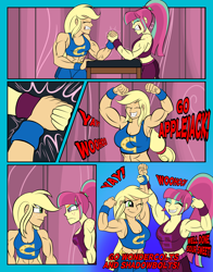 Size: 5102x6520 | Tagged: safe, artist:dncsamsonart, applejack, sour sweet, human, equestria girls, g4, abs, applejacked, arm wrestling, biceps, cheering, clothes, curtains, gritted teeth, muscles, shadowbolts, shorts, smiling, sour swole, sports bra, sports shorts, sweat, sweatdrop, table, teeth, vein bulge, wondercolts