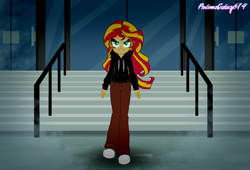 Size: 4694x3200 | Tagged: safe, artist:amgiwolf, artist:prismagalaxy514, sunset shimmer, human, equestria girls, g4, clothes, dark, ear piercing, earring, evil smile, eyeshadow, female, grin, high res, hoodie, human sunset, jewelry, makeup, pants, piercing, signature, smiling, sneakers, solo, wind, windswept hair