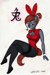 Size: 1979x2939 | Tagged: safe, artist:newyorkx3, oc, oc only, oc:casey, earth pony, anthro, ass, boob window, breasts, bunny ears, bunny suit, butt, cleavage, clothes, female, looking at you, lunar new year, pantyhose, simple background, solo, white background, year of the rabbit