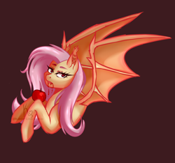 Size: 1920x1800 | Tagged: safe, artist:kaori-miyoko, fluttershy, bat pony, pony, g4, apple, bat ponified, brown background, bust, fangs, female, flutterbat, food, hoof hold, mare, race swap, simple background, solo, spread wings, wings