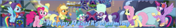 Size: 599x99 | Tagged: safe, artist:rainbow cloud, applejack, fluttershy, pinkie pie, rainbow dash, rarity, spike, twilight sparkle, alicorn, earth pony, pegasus, pony, unicorn, g4, my little pony best gift ever, applejack's hat, banner, bow, christmas, christmas lights, clothes, cowboy hat, earmuffs, female, glasses, glowing, glowing horn, happy hearth's warming, hat, hearth's warming, holiday, horn, magic, magic aura, male, mane seven, mane six, mare, scarf, snow, socks, sweater, twilight sparkle (alicorn), twilight's castle, winter outfit, wreath