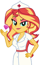 Size: 3028x4951 | Tagged: safe, artist:emeraldblast63, sunset shimmer, human, equestria girls, g4, breasts, busty sunset shimmer, cleavage, eyeshadow, female, floating heart, hat, heart, lipstick, makeup, nurse, nurse hat, nurse outfit, red lipstick, simple background, solo, transparent background