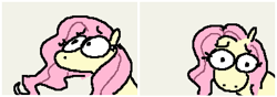 Size: 797x281 | Tagged: safe, artist:punkittdev, fluttershy, pegasus, pony, g4, 2 panel comic, beige background, comic, female, looking at you, mare, no mouth, reaction image, simple background, solo