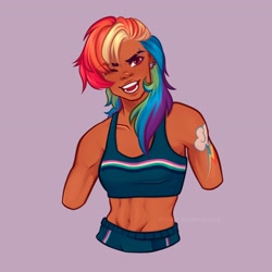 Size: 2538x2538 | Tagged: safe, artist:rubimlp6, rainbow dash, human, g4, abs, alternate hairstyle, alternative cutie mark placement, amputee, asian, belly button, blue background, clothes, cute, cutie mark tattoo, dashabetes, ear piercing, earring, female, high res, humanized, jewelry, korean, no arms, no hands, one eye closed, open mouth, piercing, shorts, shoulder cutie mark, simple background, solo, sports bra, sports shorts, tattoo, wink