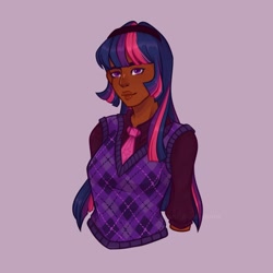 Size: 2638x2638 | Tagged: safe, artist:rubimlp6, twilight sparkle, human, g4, alternate hairstyle, argyle, blue background, clothes, cute, dark skin, female, hairband, high res, humanized, indian, necktie, shirt, simple background, solo, sweater vest, twiabetes, vest