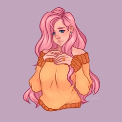 Size: 2532x2532 | Tagged: safe, artist:rubimlp6, fluttershy, human, g4, alternate hairstyle, blue background, clothes, cute, ear piercing, earring, female, high res, humanized, jewelry, piercing, ring, shyabetes, simple background, solo, sweater, sweatershy