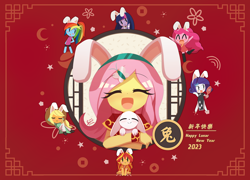Size: 1600x1150 | Tagged: safe, artist:howxu, angel bunny, applejack, fluttershy, pinkie pie, rainbow dash, rarity, sunset shimmer, twilight sparkle, human, equestria girls, g4, blushing, chinese, clothes, compression shorts, eyes closed, female, hand mirror, humane five, humane seven, humane six, lunar new year, mirror, open mouth, open smile, pants, sitting, smiling, stockings, thigh highs