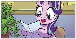 Size: 1334x681 | Tagged: safe, artist:michela cacciatore, idw, phyllis, starlight glimmer, pony, unicorn, g4, generations #1, my little pony: generations, spoiler:comic, cute, female, fern, glimmerbetes, mare, reading, solo