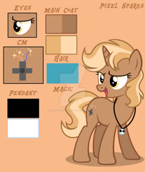 Size: 822x973 | Tagged: safe, artist:pastelthekittypaints, artist:pegasski, oc, oc:pixel sparks, pony, unicorn, g4, base used, beige background, deviantart watermark, female, horn, jewelry, mare, necklace, obtrusive watermark, reference sheet, simple background, solo, standing, unicorn oc, watermark
