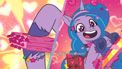 Size: 3072x1727 | Tagged: safe, screencap, izzy moonbow, pony, unicorn, g5, my little pony: tell your tale, secret ad-mare-er, spoiler:g5, spoiler:my little pony: tell your tale, spoiler:tyts01e44, female, indonesian, mare, open mouth, open smile, smiling, solo, subtitles, wingding eyes