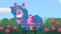Size: 3072x1727 | Tagged: safe, screencap, izzy moonbow, pony, unicorn, g5, my little pony: tell your tale, secret ad-mare-er, spoiler:g5, spoiler:my little pony: tell your tale, spoiler:tyts01e44, female, grin, indonesian, mare, smiling, solo, subtitles
