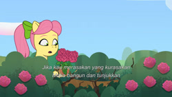 Size: 3072x1727 | Tagged: safe, screencap, posey bloom, earth pony, pony, g5, my little pony: tell your tale, secret ad-mare-er, spoiler:g5, spoiler:my little pony: tell your tale, spoiler:tyts01e44, female, indonesian, mare, open mouth, solo, subtitles