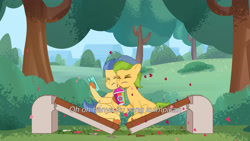 Size: 3072x1727 | Tagged: safe, screencap, alpine aspen, lemon gear, earth pony, pegasus, pony, g5, my little pony: tell your tale, secret ad-mare-er, spoiler:g5, spoiler:my little pony: tell your tale, spoiler:tyts01e44, bench, cellphone, drink, duo, duo male and female, eyes closed, female, frown, indonesian, male, mare, not flash sentry, phone, smartphone, smoothie, stallion, subtitles