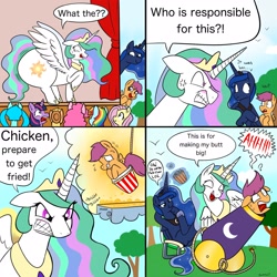 Size: 1772x1772 | Tagged: safe, artist:therainbowtroll, kotobukiya, applejack, fluttershy, pinkie pie, princess celestia, princess luna, rainbow dash, scootaloo, twilight sparkle, alicorn, pegasus, pony, unicorn, 4 panel comic, applejack's hat, beach chair, betrayal, blushing, bucket, butt expansion, cannon, chair, comic, cowboy hat, cross-popping veins, crown, deep frier, dialogue, disproportionate retribution, eating, emanata, food, fuse, glowing, glowing horn, grass, gritted teeth, growth, hat, hatsune miku, horn, imagine spot, implied butt expansion, jewelry, kfc, kotobukiya hatsune miku pony, laughing, looking at someone, looking at something, lowering, magic, magic aura, onomatopoeia, open mouth, peril, pinpoint eyes, ponified, pony cannonball, popcorn, prank, regalia, rope, scootachicken, screaming, shocked, sky, smiling, smirk, sound effects, speech bubble, stage, suspended, sweat, sweatdrop, teeth, telekinesis, the ass was fat, this will end in a trip to the moon, thought bubble, to the moon, tree, trolluna, twilight sparkle (alicorn), vocaloid, volumetric mouth