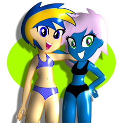 Size: 2048x2048 | Tagged: safe, artist:johnnybro2883, artist:skyfallfrost, oc, oc:flare spark, oc:radiant rail, human, equestria girls, g4, base used, belly, belly button, belly piercing, bellyring, bikini, clothes, duo, duo female, female, high res, piercing, shiny, simple background, simple shading, swimsuit