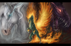 Size: 1800x1150 | Tagged: safe, artist:antarija, honored father (tfh), honored mother (tfh), tianhuo (tfh), dragon, horse, hybrid, longma, them's fightin' herds, community related, epic, female, fiery wings, mane of fire, realistic, solo, wings