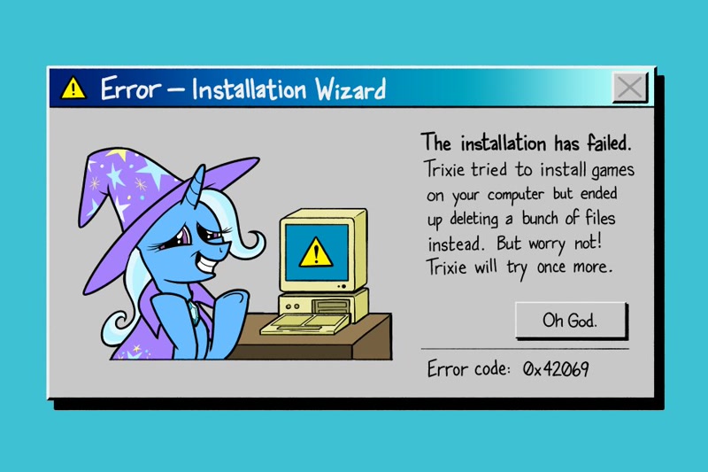 Size: 960x640 | Tagged: safe, artist:mellodillo, trixie, pony, unicorn, g4, cape, clothes, computer, epic fail, error message, escii keyboard, fail, featured image, female, funny, grin, hat, inconvenient trixie, keyboard, lidded eyes, looking at you, lost data, mare, microsoft, microsoft windows, nervous, nervous smile, pun, shrug, smiling, smiling at you, solo, text, trixie's cape, trixie's hat, windows 95, wizard