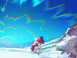 Size: 2160x1620 | Tagged: safe, artist:lendftcn, pinkie pie, earth pony, pony, g4, aurora borealis, blank flank, female, filly, filly pinkie pie, foal, snow, snowfall, solo, winter, younger
