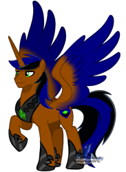 Size: 937x1280 | Tagged: safe, artist:nightlightartz, artist:shiroubases, oc, oc only, oc:surge navyheart, alicorn, pony, alicorn oc, base used, colored wings, green eyes, hoof shoes, horn, large wings, long horn, male, male alicorn, multicolored wings, peytral, raised hoof, simple background, smiling, solo, spread wings, stallion, standing, transparent background, wings