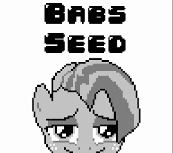 Size: 775x684 | Tagged: safe, artist:polygonical, artist:rc88, babs seed, earth pony, pony, g4, one bad apple, season 3, 2013, 8-bit, artifact, babs seed song, brony music, bust, cover art, female, filly, foal, game boy, grayscale, link in description, looking at you, monochrome, pixel art, portrait, simple background, smiling, solo, song cover, text, white background