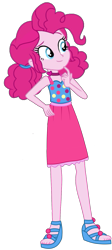 Size: 915x2048 | Tagged: safe, artist:ajosterio, pinkie pie, human, equestria girls, equestria girls series, g4, spring breakdown, spoiler:eqg series (season 2), bare shoulders, clothes, dots, dress, eyebrows, female, geode of sugar bombs, legs, magical geodes, midriff, raised eyebrow, shoes, simple background, sleeveless, smiling, solo, spring break, transparent background