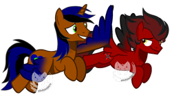Size: 1266x700 | Tagged: safe, artist:nightlightartz, artist:ponkusdraws, oc, oc only, oc:solarstorm shadow, oc:surge navyheart, alicorn, pegasus, pony, alicorn oc, base used, colored wings, duo, flapping, flying, gradient wings, green eyes, grin, horn, male alicorn, male alicorn oc, pegasus oc, simple background, smiling, smirk, transparent background, wings, yellow eyes