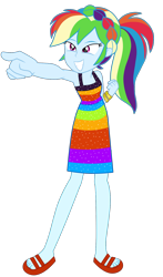 Size: 1024x1744 | Tagged: safe, artist:ajosterio, rainbow dash, human, equestria girls, equestria girls specials, g4, my little pony equestria girls: better together, my little pony equestria girls: spring breakdown, bare shoulders, braid, clothes, dress, female, grin, legs, missing finger, pointing, rainbow, rainbow dash is best facemaker, sandals, simple background, sleeveless, smiling, solo, spring break, squint, transparent background, wristband