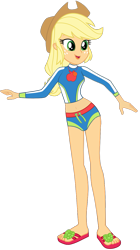 Size: 751x1345 | Tagged: safe, artist:ajosterio, applejack, human, equestria girls, equestria girls series, forgotten friendship, g4, apple, applejack's hat, belly, belly button, clothes, cowboy hat, female, geode of super strength, hat, jewelry, legs, long sleeves, magical geodes, midriff, necklace, sandals, simple background, slender, solo, swimsuit, thin, transparent background