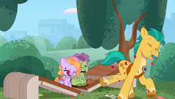 Size: 3072x1727 | Tagged: safe, screencap, dazey puzzle, hitch trailblazer, skysport, earth pony, pegasus, pony, g5, my little pony: tell your tale, secret ad-mare-er, spoiler:g5, spoiler:my little pony: tell your tale, spoiler:tyts01e44, bench, colt, eyes closed, female, filly, foal, hitch trailblazer's police whistle, indonesian, male, open mouth, stallion, subtitles, trio, whistle, whistle necklace