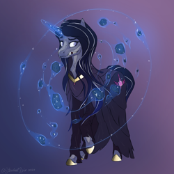 Size: 4000x4000 | Tagged: safe, artist:stardustspix, oc, oc only, oc:andromeda arcanum, pony, unicorn, fallout equestria, clothes, female, hoof shoes, magic, magic aura, mare, ministry of arcane sciences, raised hoof, robe, solo, telekinesis