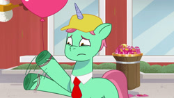 Size: 3072x1727 | Tagged: safe, screencap, emerald saucer, pony, unicorn, g5, my little pony: tell your tale, secret ad-mare-er, spoiler:g5, spoiler:my little pony: tell your tale, spoiler:tyts01e44, balloon, frown, great moments in animation, male, solo, stallion