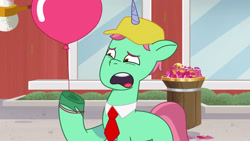 Size: 3072x1727 | Tagged: safe, screencap, emerald saucer, pony, unicorn, g5, my little pony: tell your tale, secret ad-mare-er, spoiler:g5, spoiler:my little pony: tell your tale, spoiler:tyts01e44, balloon, male, open mouth, solo, stallion