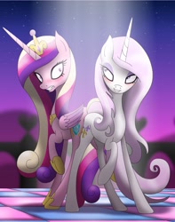 Size: 2832x3600 | Tagged: safe, artist:omnisimon11, fleur-de-lis, princess cadance, alicorn, pony, unicorn, g4, blushing, butt bump, butt to butt, butt touch, dance floor, dancing, do not want, duo, female, fleurdance, high res, infidelity, lesbian, looking at each other, looking at someone, mare, shipping, thin legs