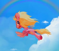 Size: 1057x929 | Tagged: safe, artist:zira_dawn, oc, oc only, pegasus, pony, chibi, cloud, flying, looking back, pegasus oc, rainbow, sky, solo