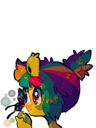 Size: 643x860 | Tagged: safe, artist:zira_dawn, oc, oc only, oc:zira dawn, butterfly, pony, butterfly on nose, insect on nose, ponytail, simple background, solo, sparkles, unshorn fetlocks, white background