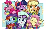 Size: 3200x2000 | Tagged: safe, artist:matterproblem, applejack, fluttershy, pinkie pie, rainbow dash, rarity, twilight sparkle, earth pony, pegasus, pony, unicorn, best gift ever, clothes, earmuffs, glasses, hat, mane six, present, scarf, song reference, tongue out, winter hat
