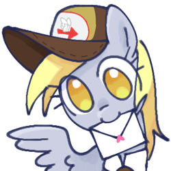 Size: 2048x2048 | Tagged: safe, artist:omelettepony, derpy hooves, pegasus, pony, g4, clothes, colored pupils, cute, delivery pony, derp, derpabetes, eye clipping through hair, female, hat, heart, high res, letter, looking at you, love letter, mailmare hat, mailmare uniform, mare, mouth hold, no pupils, simple background, smiling, smiling at you, solo, spread wings, uniform, white background, wings