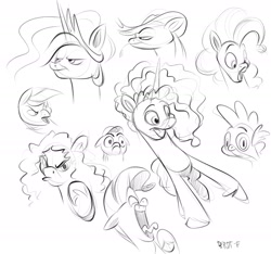 Size: 2103x1966 | Tagged: safe, artist:brdte, applejack, misty brightdawn, pinkie pie, princess celestia, rainbow dash, spike, alicorn, dragon, earth pony, pegasus, pony, unicorn, g5, female, grayscale, male, mare, monochrome, open mouth, screaming, simple background, sketch, sketch dump, straw in mouth, tongue out, white background