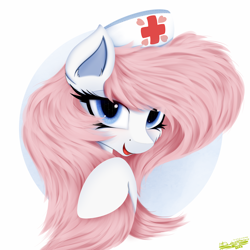 Size: 4000x4000 | Tagged: safe, artist:ser-p, nurse redheart, pony, g4, absurd resolution, alternate hairstyle, cute, heartabetes, lidded eyes, looking at you, nurse, open mouth, open smile, simple background, smiling, smiling at you, solo, white background